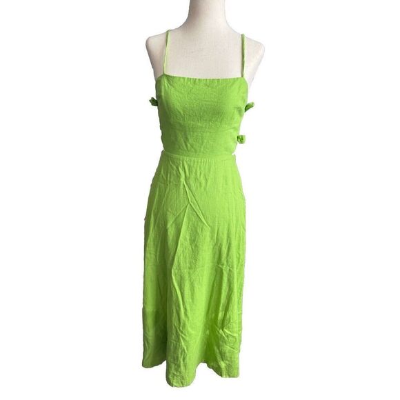 HEMANT AND NANDITA Linen Blend Cutout Midi Dress Green Size Large NWT - Picture 2 of 9